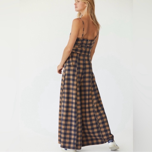 Free People Strapless Plaid Belted Jumpsuit in Navy and Tan - Picture 3 of 15